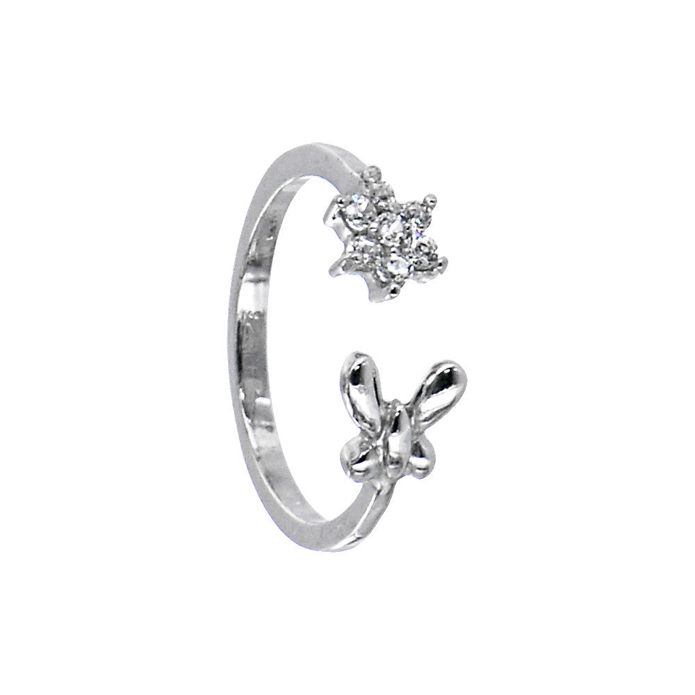 Sterling Silver 925 Cubic Zirconia Flower Butterfly Toe Ring
