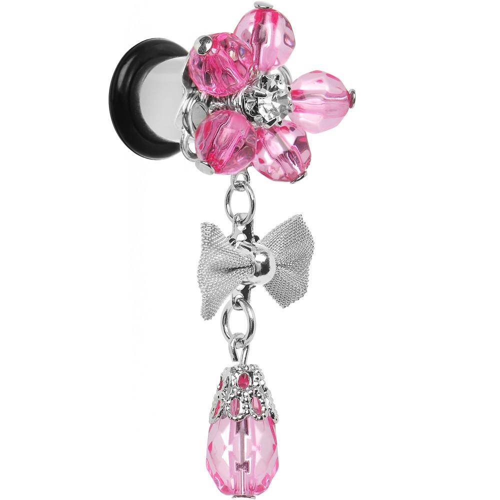 Steel Pink Flower Mesh Bow Dangle Plug Sizes 5mm to 12mm