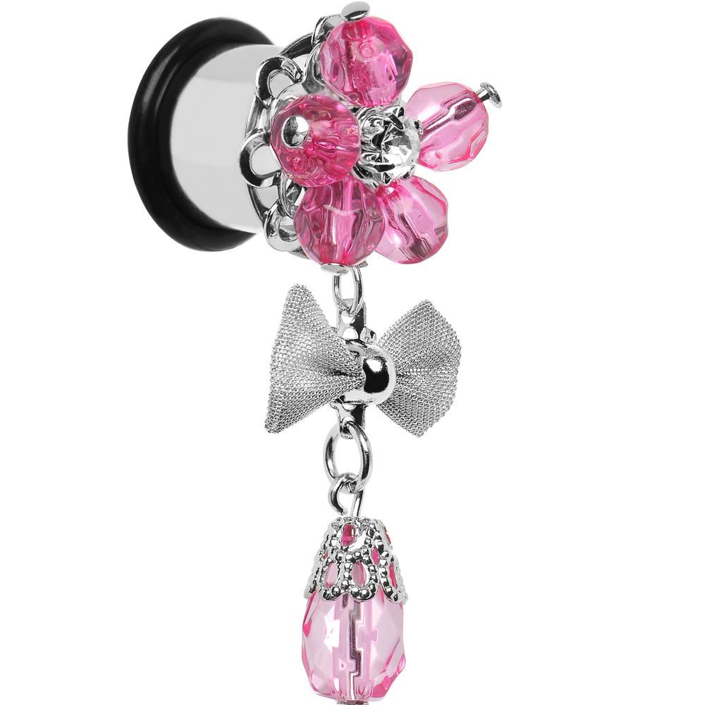 Steel Pink Flower Mesh Bow Dangle Plug Sizes 5mm to 12mm