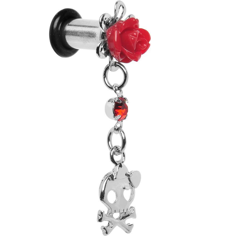 Red Rose Flower Skull Crossbones Dangle Plug Sizes 5mm to 12mm