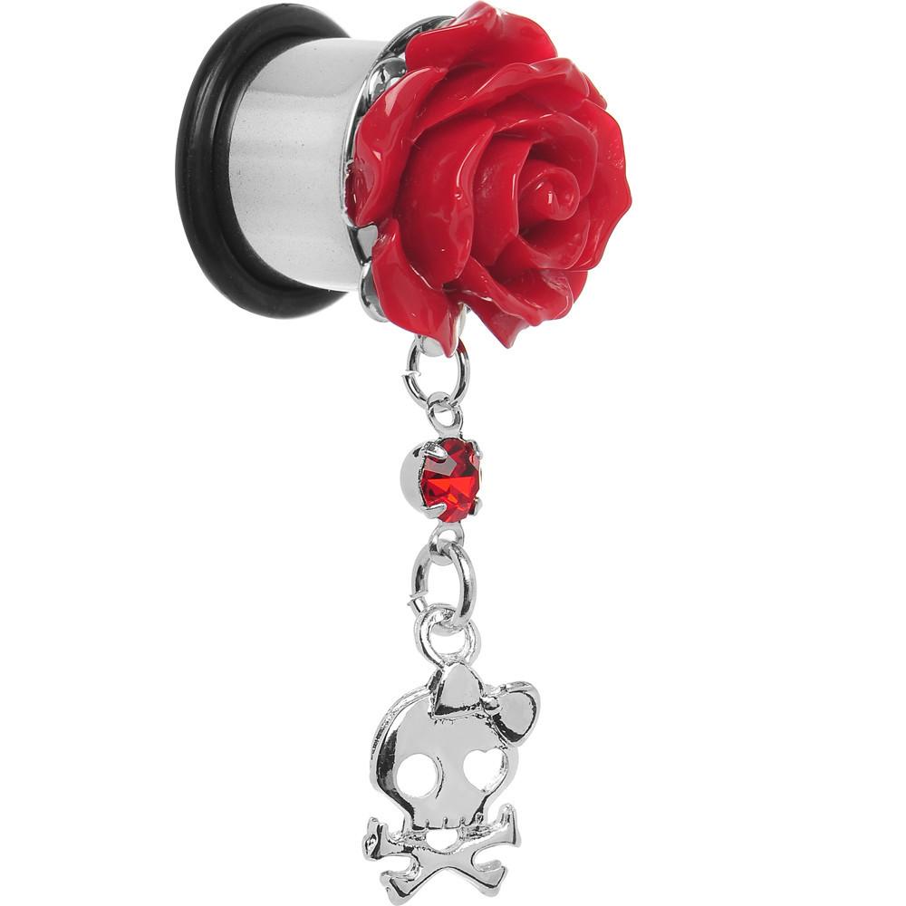 Red Rose Flower Skull Crossbones Dangle Plug Sizes 5mm to 12mm