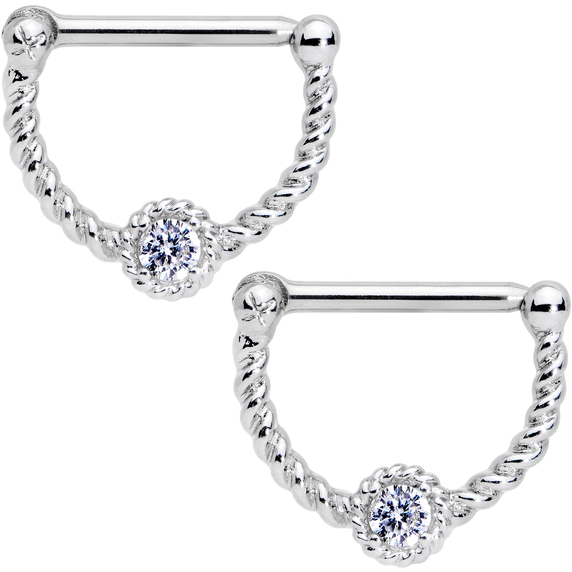 14G 1/2 Clear Gem Twisted Nipple Clicker Set