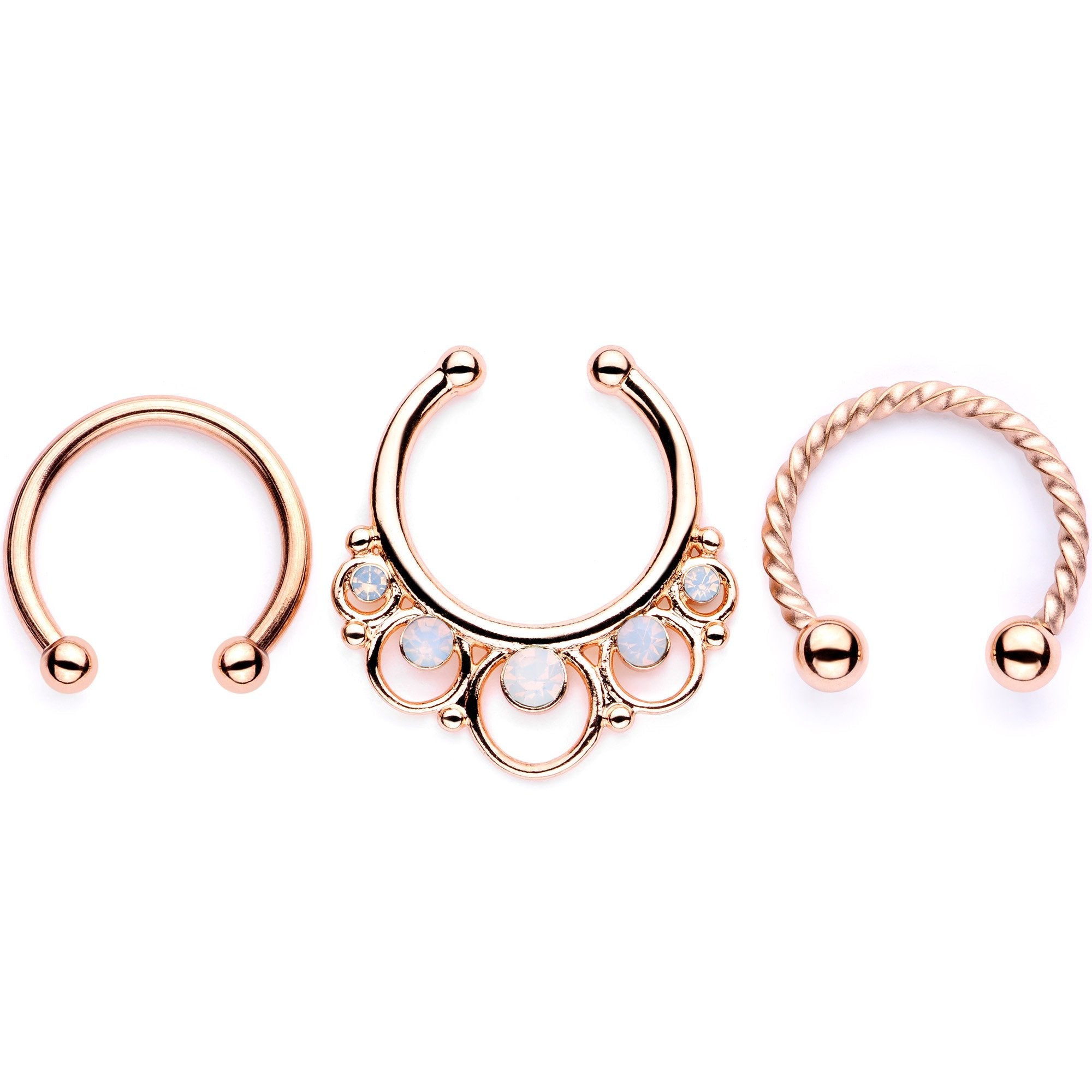 16G White Faux Opal Rose Gold Tone Twisted Horseshoe Clip On Fake Septum Ring Set