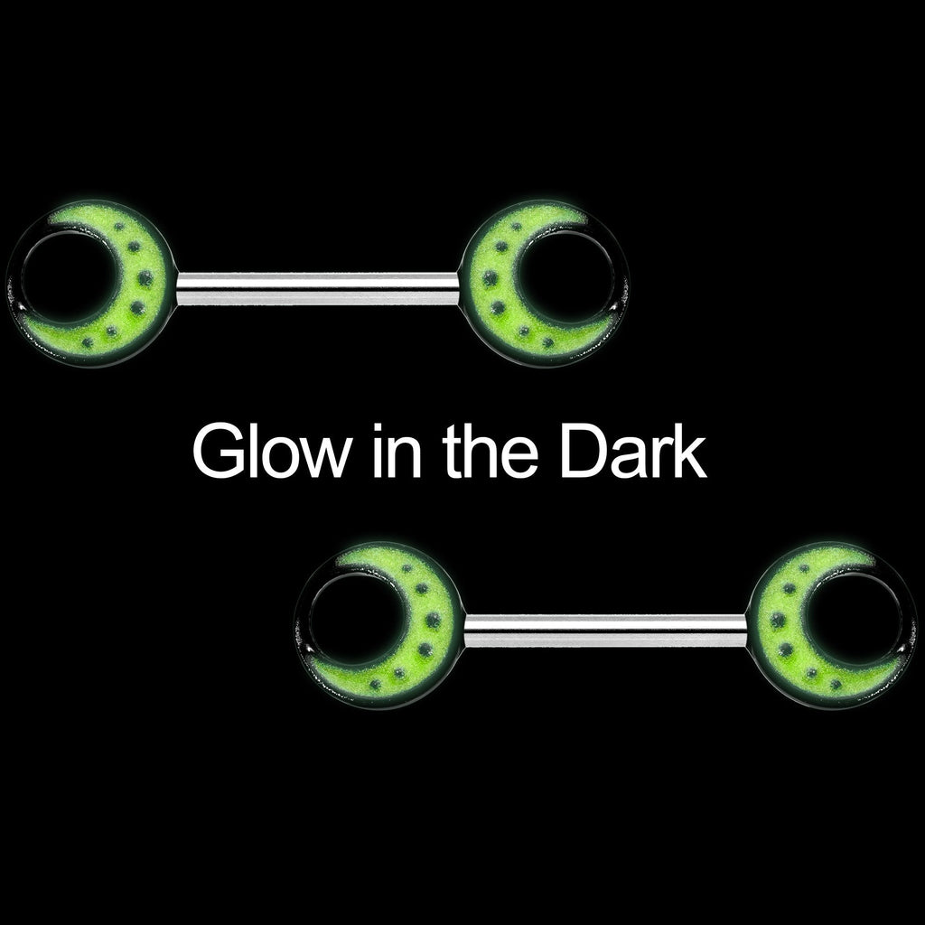 14G 9/16 Glow in the Dark Yellow Moon Barbell Nipple Ring Set