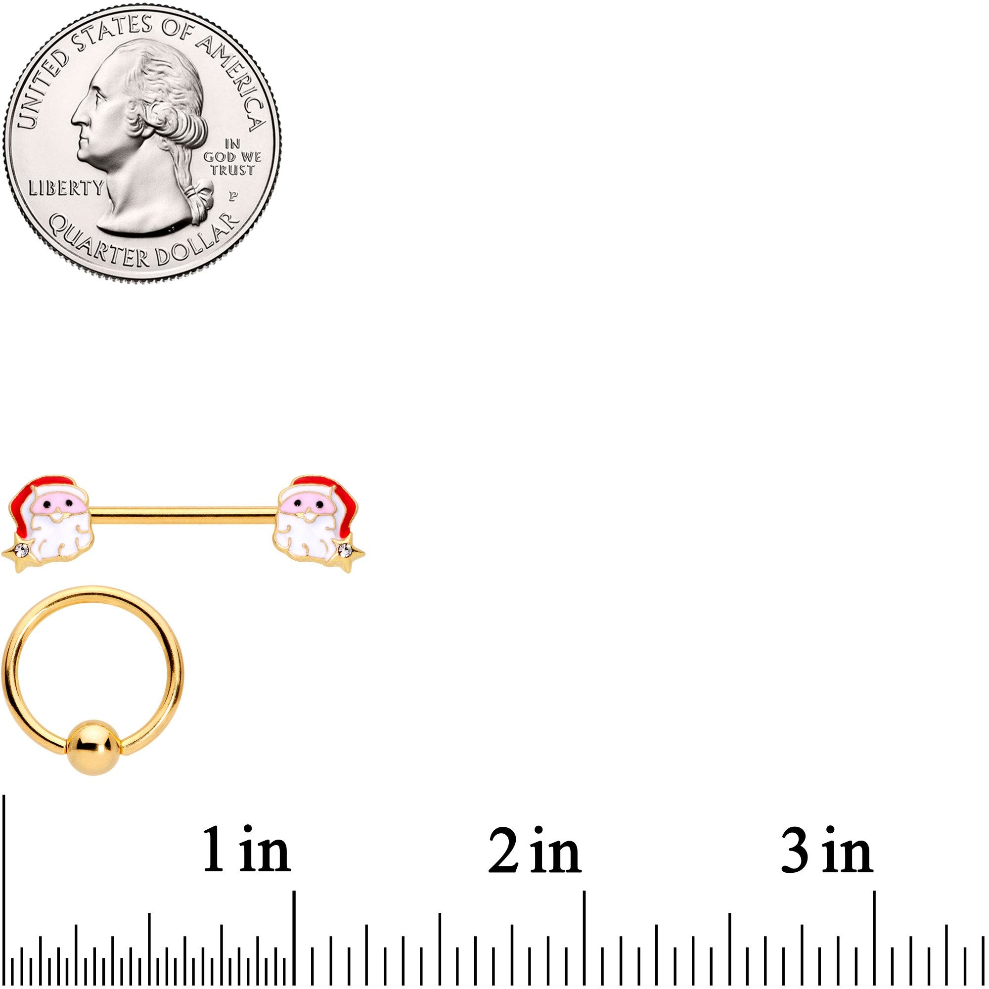 14G 1/2 Gold Tone Santa Captive Barbell Nipple Ring Set of 4