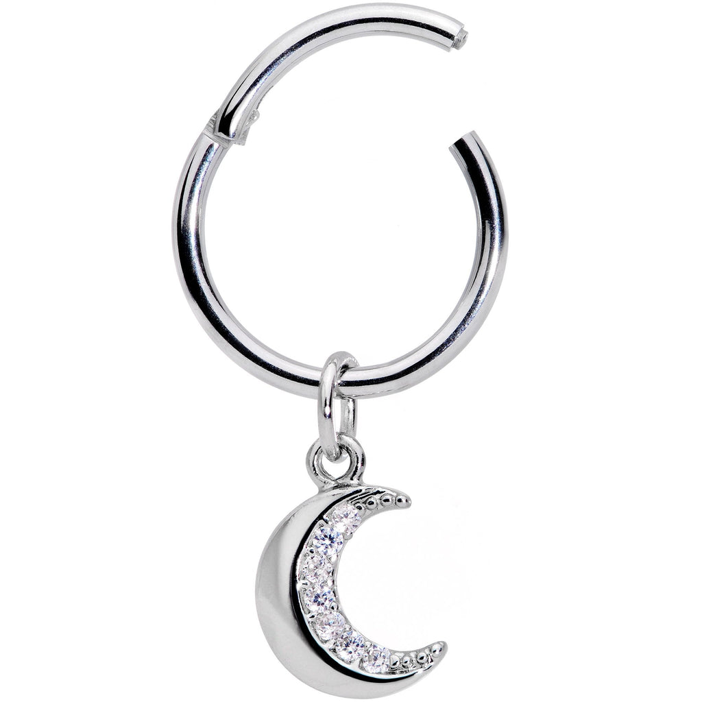16G 3/8 Clear CZ Gem Crescent Moon Dangle Hinged Segment Ring