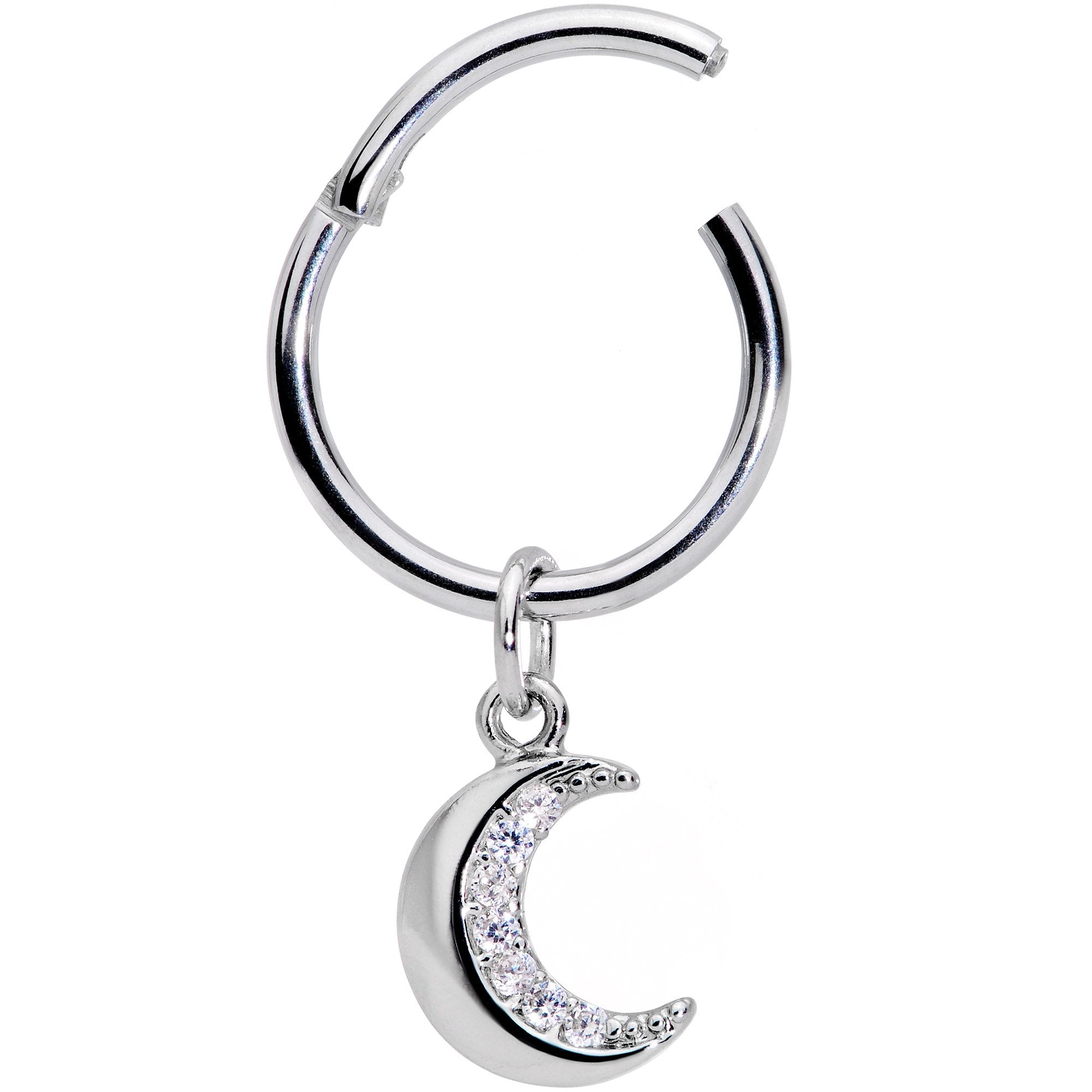 16G 3/8 Clear CZ Gem Crescent Moon Dangle Hinged Segment Ring