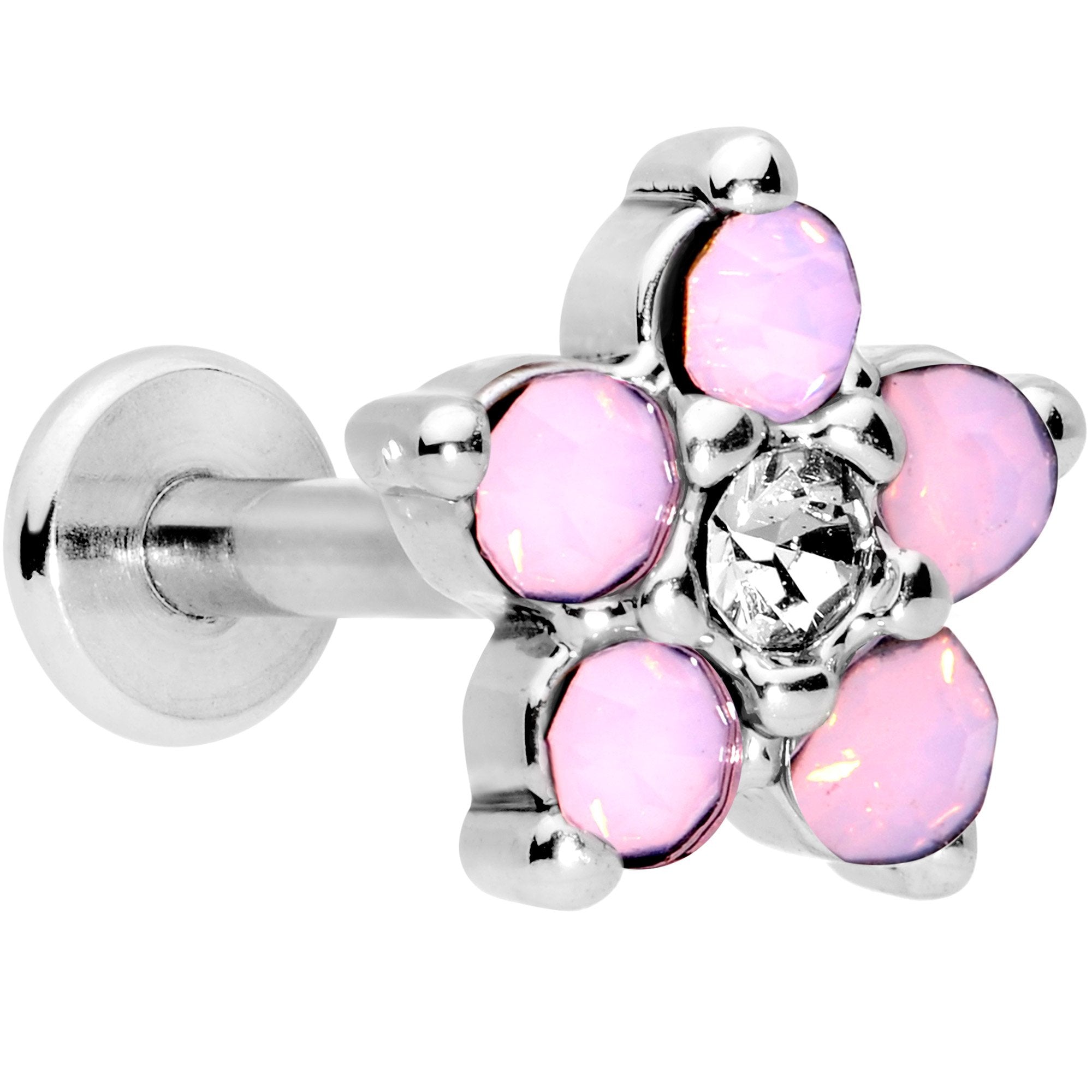 16G 5/16 CZ Gem Pink Faux Opal Flower Internally Threaded Labret