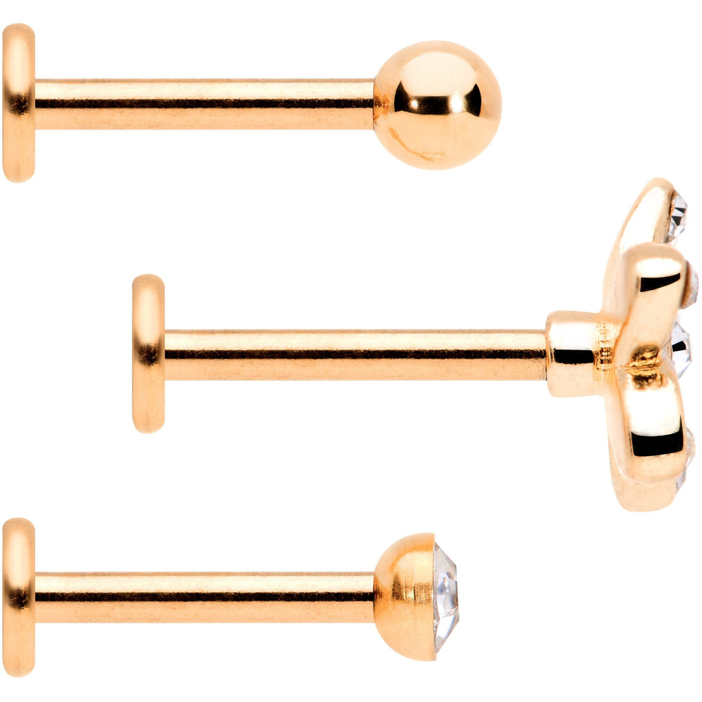 16G Clear Gem Rose Gold Tone Black Flower Labret Set of 3