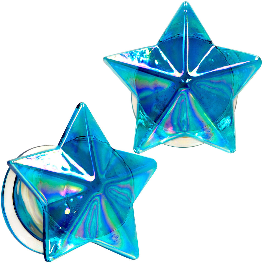 2G Blue Aurora Glass Faceted Star Double Flare Plug Set 6mm to 16mm Sizes