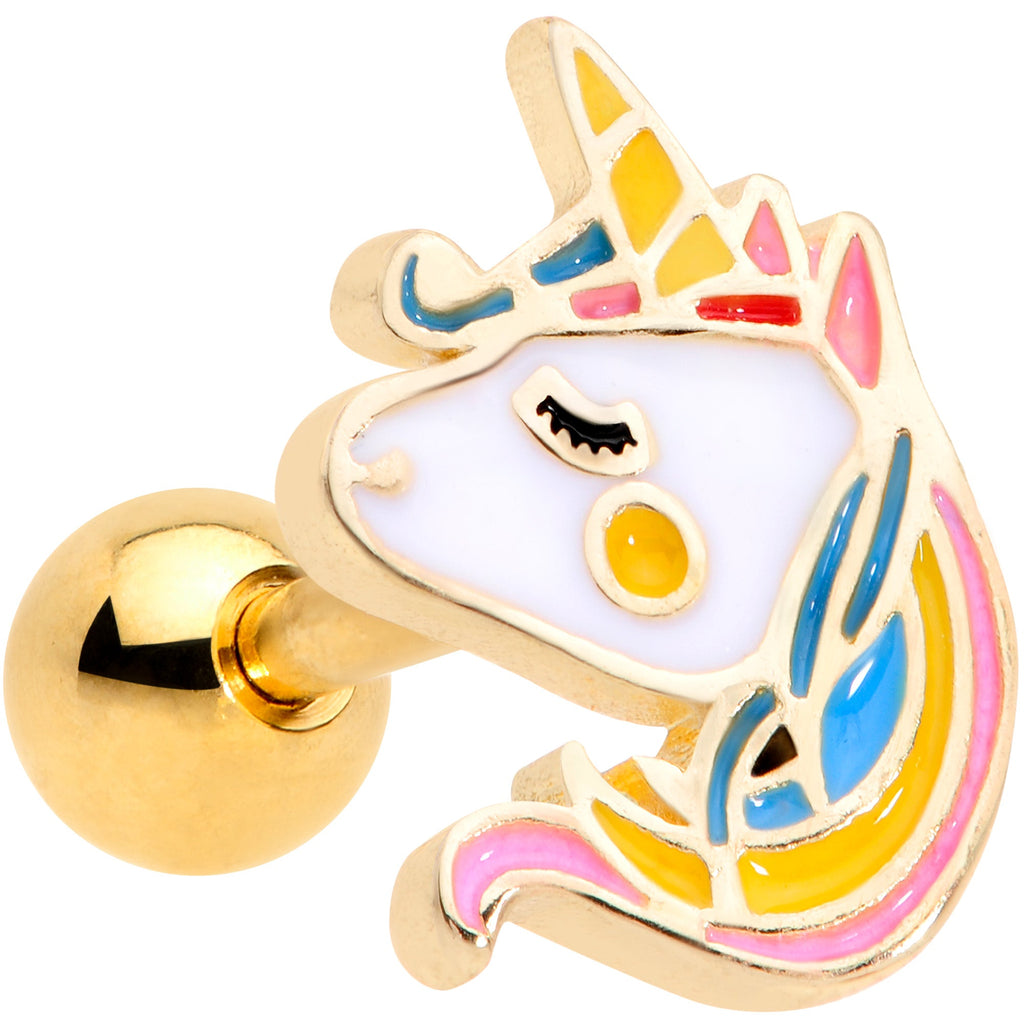 16G 1/4 Gold Tone Pastel Unicorn Cartilage Tragus Earring