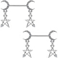 14G 9/16 Clear Gem Moon Star Dangle Barbell Nipple Ring Set