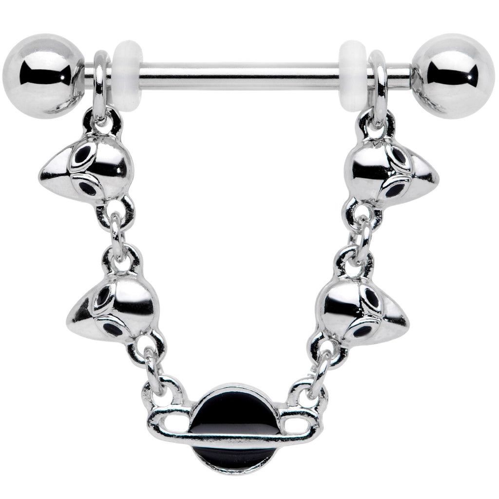 14G 9/16 Black Planet Saturn Alien Dangle Barbell Nipple Ring Set