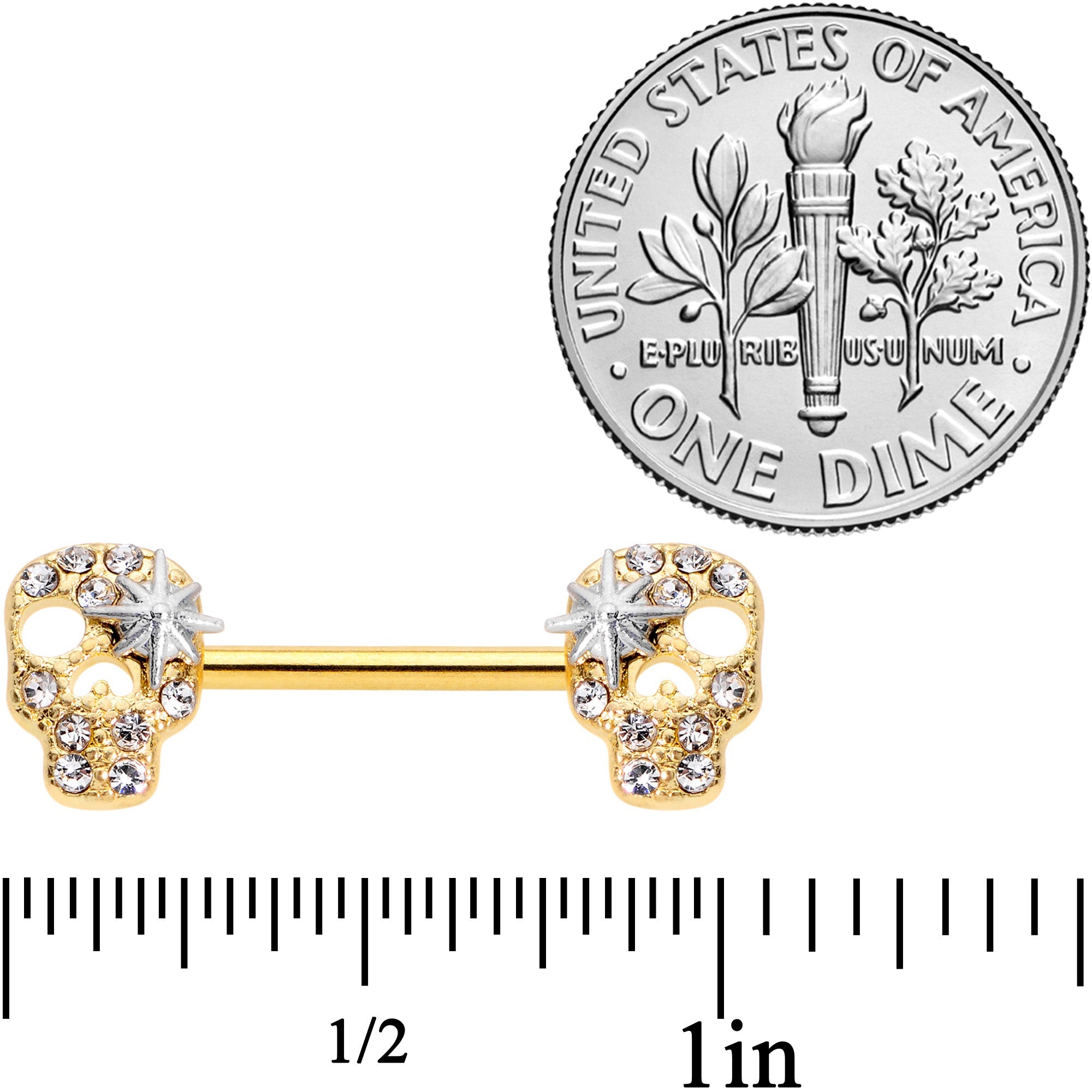 14G 9/16 Clear Gem Gold Tone Star Skull Barbell Nipple Ring Set