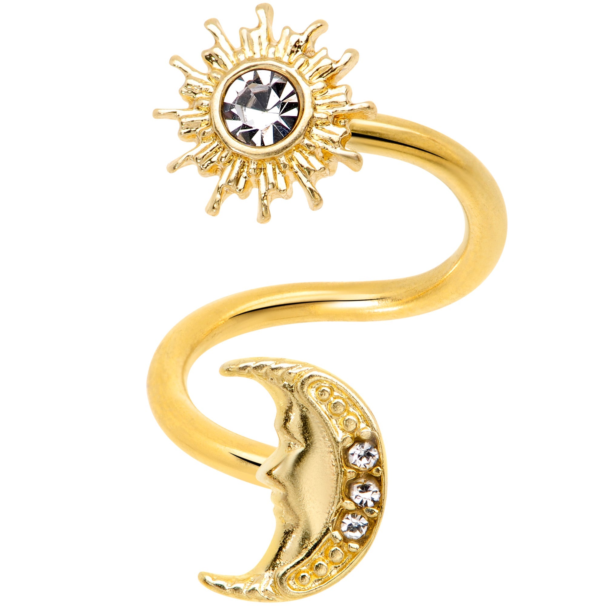 14G 7/16 Clear Gem Gold Tone Moon Spiral Twister Belly Ring