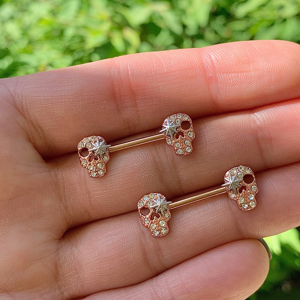14G 9/16 Clear Gem Gold Tone Star Skull Barbell Nipple Ring Set