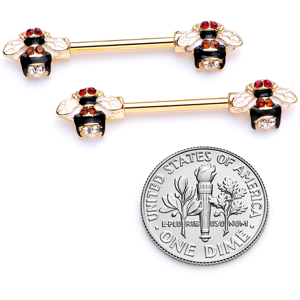 14G 9/16 Clear Yellow Gem Gold Tone Bee Barbell Nipple Ring Set