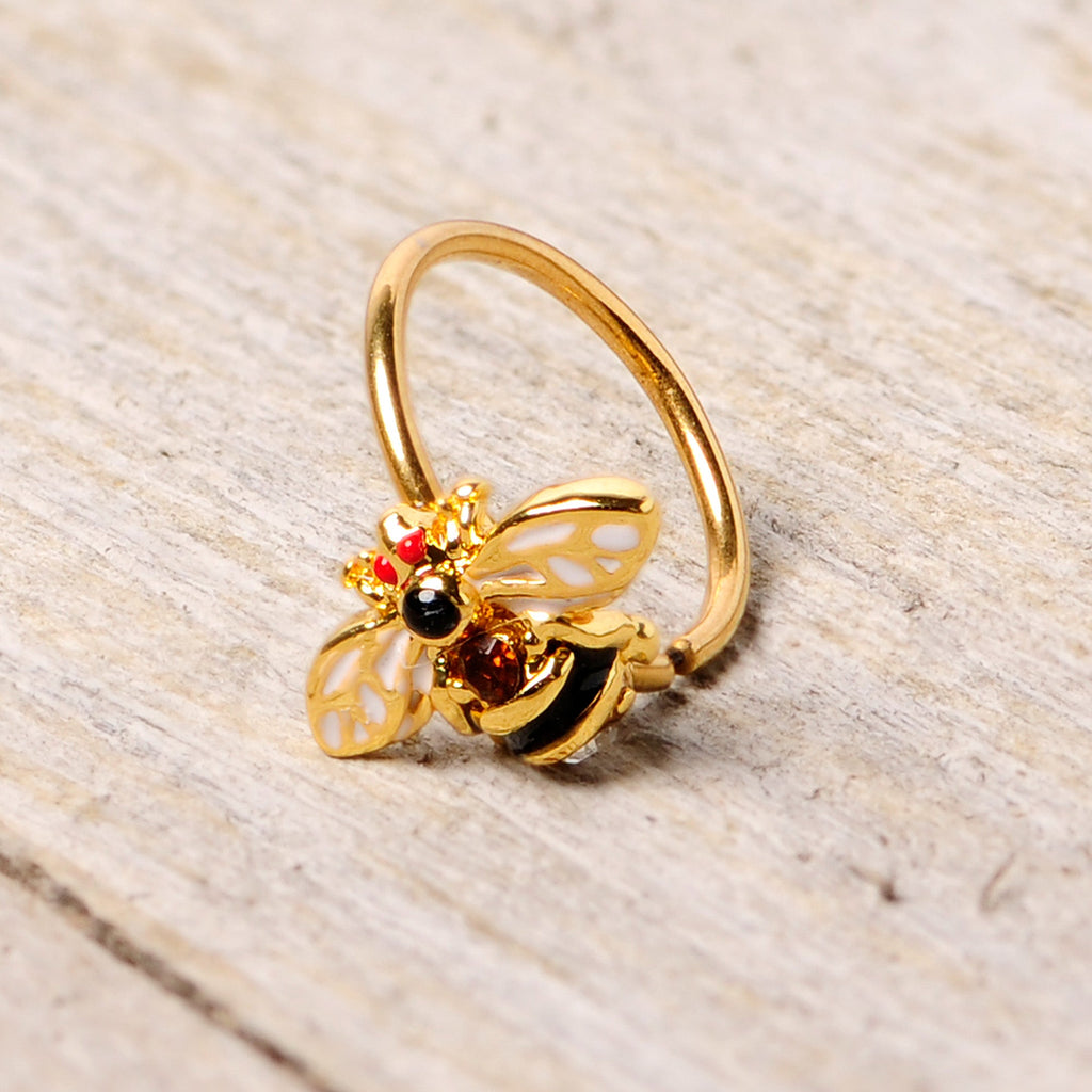 20G 5/16 Clear Yellow Gem Gold Tone Bee Nose Hoop