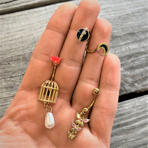 14G Clear Gem Gold Tone Planet Moon Spiral Twister Belly Ring
