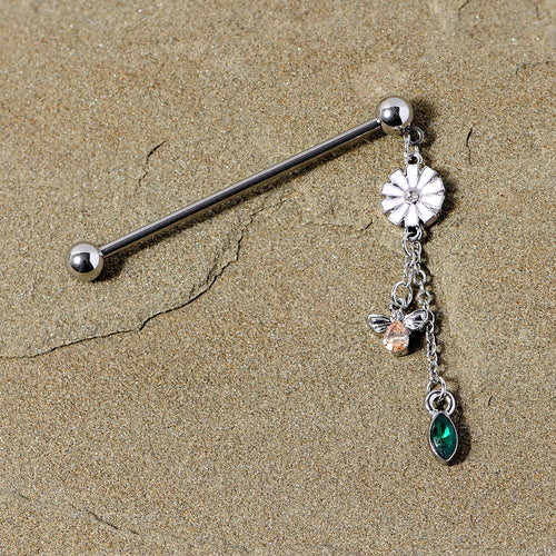 14G Green Yellow Gem Flower Bee Dangle Industrial Barbell 38mm
