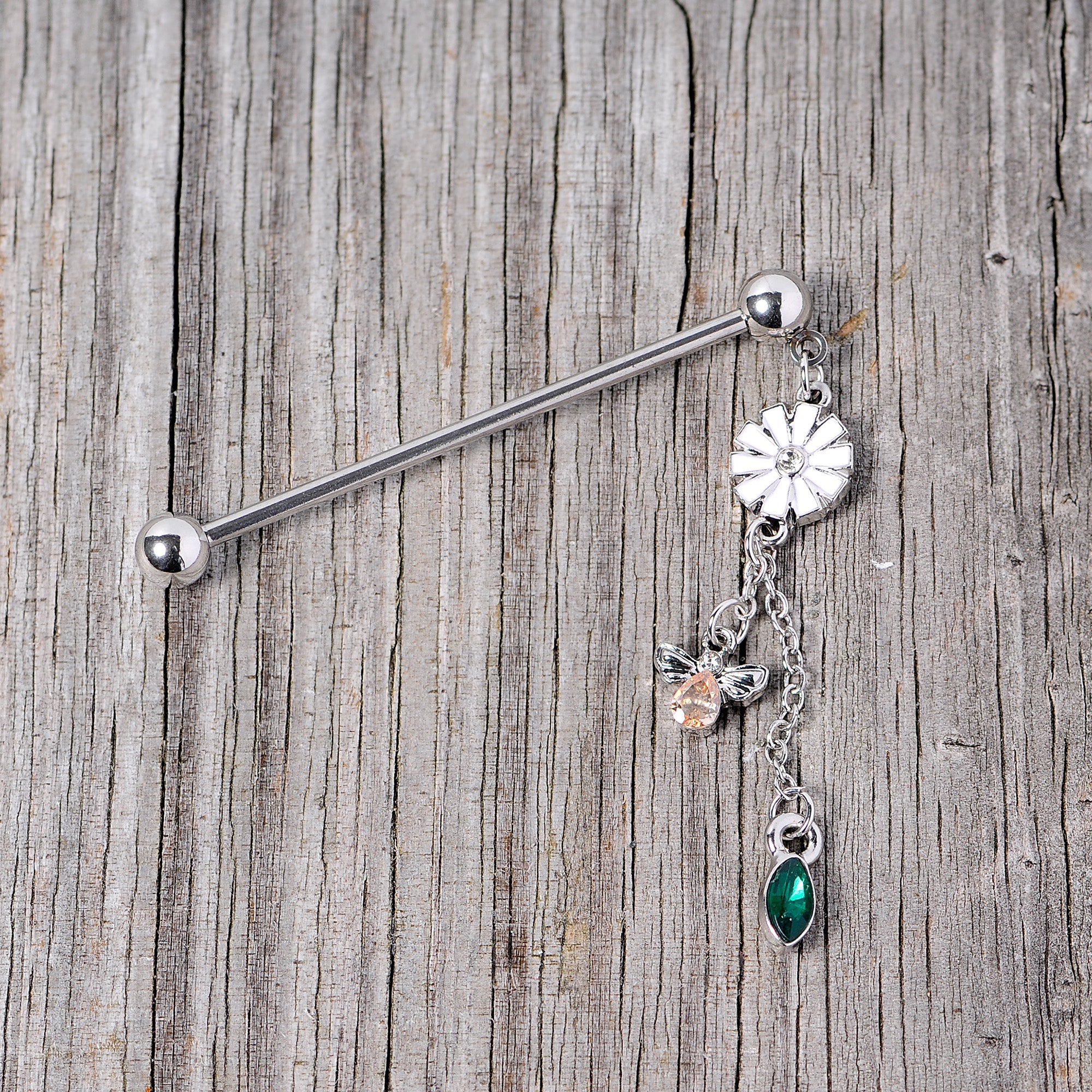 14G Green Yellow Gem Flower Bee Dangle Industrial Barbell 38mm
