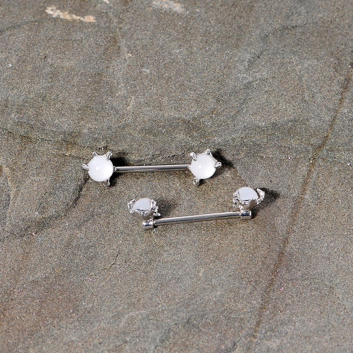 14G 5/8 White Faux Opal Dragon Claw Barbell Nipple Ring Set