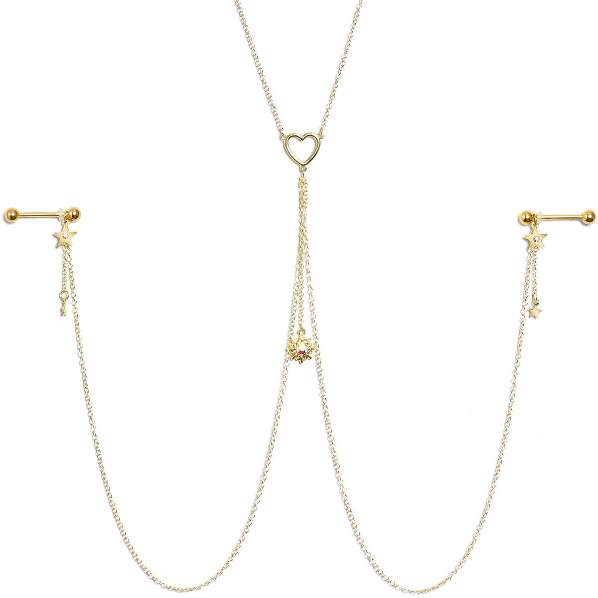 14G 5/8 Aurora Gem Gold Tone Sun Heart Star Nipple Chain Necklace