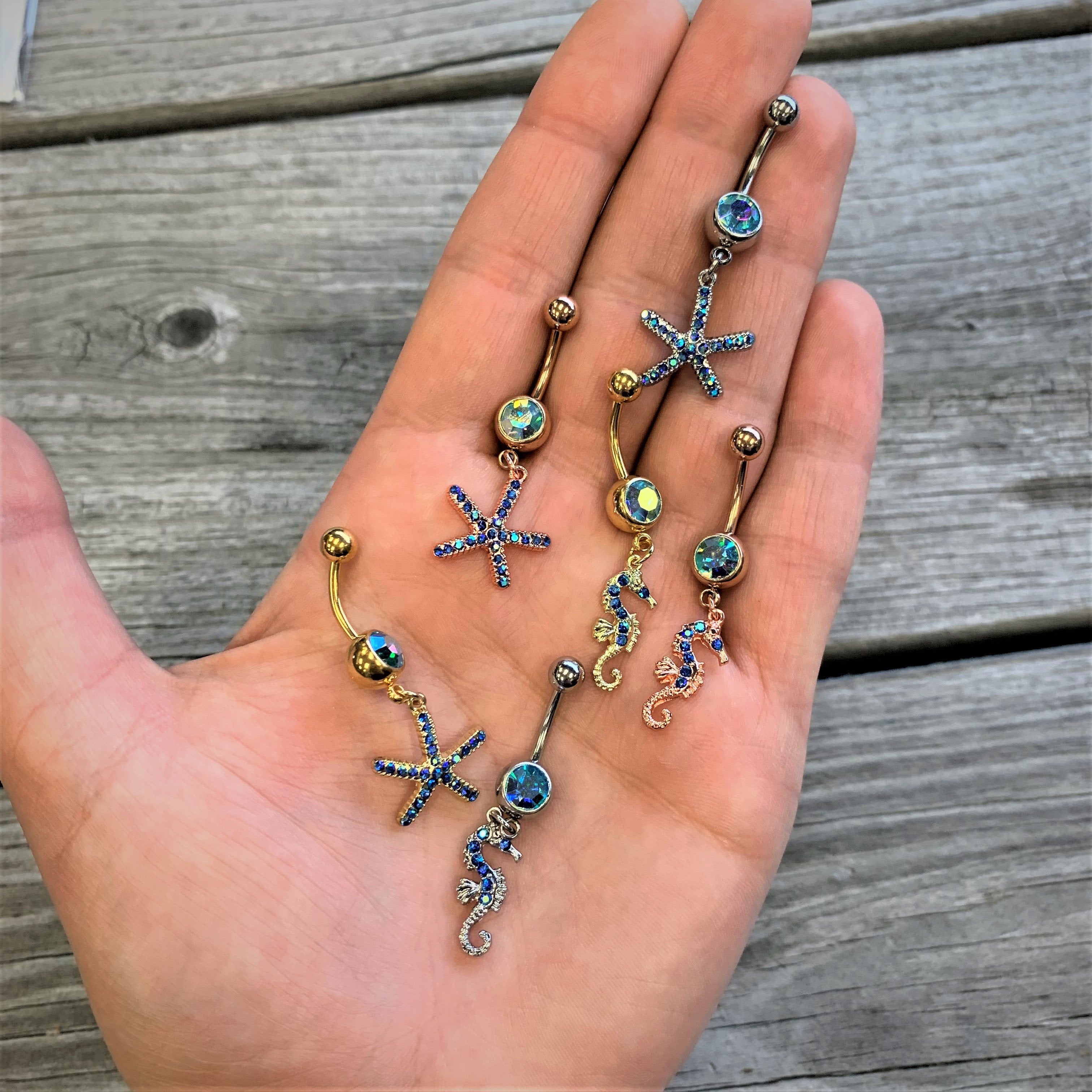 Blue Gem Starfish Seahorse Nautical Dangle Belly Ring Set of 2