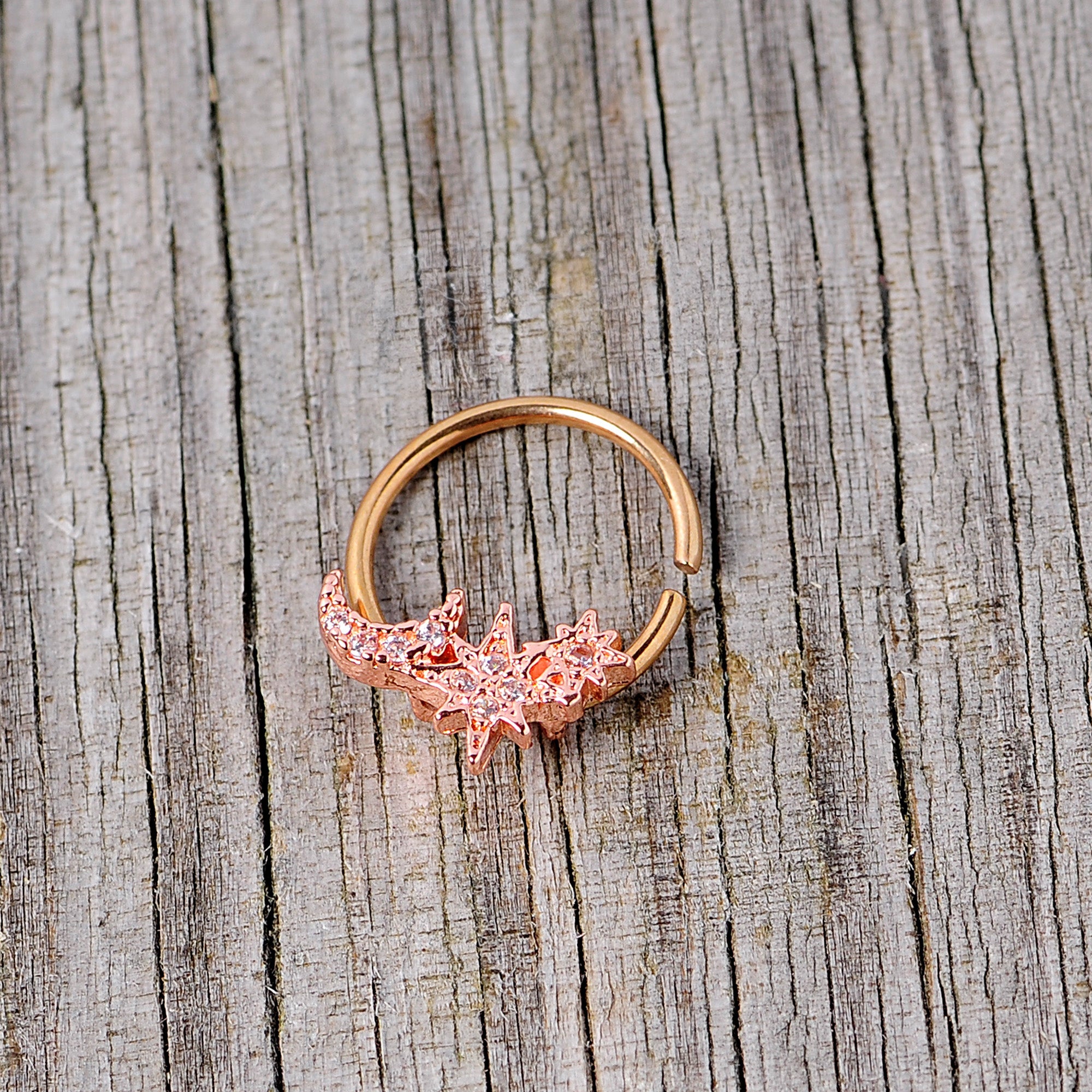 16G 3/8 Clear CZ Gem Rose Gold Tone Moon Stars Closure Ring