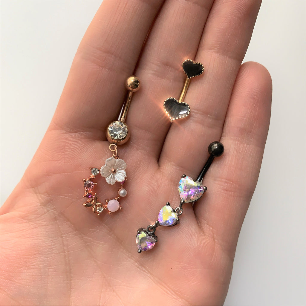 Gold Tone Black Heart Valentines Double Mount Belly Ring