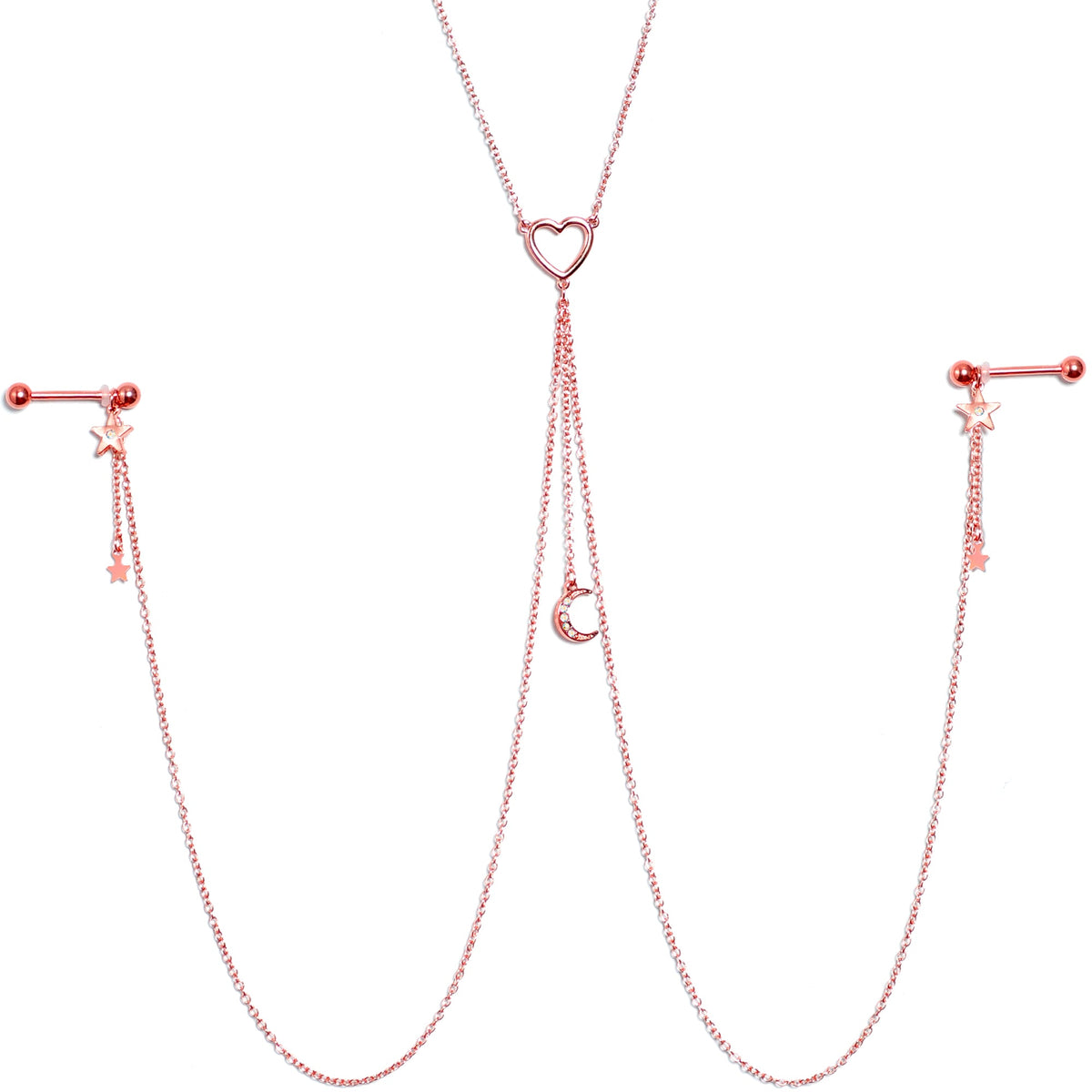 14G 5/8 Aurora Gem Rose Gold Hue Star Moon Nipple Chain Necklace