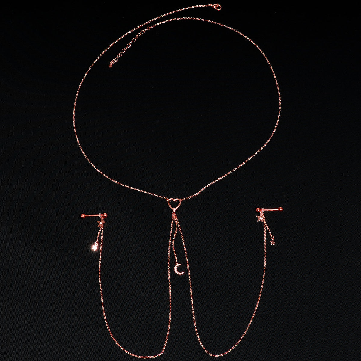 14G 5/8 Aurora Gem Rose Gold Hue Star Moon Nipple Chain Necklace