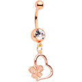 Clear CZ Gem Rose Gold Tone Heart Butterfly Dangle Belly Ring