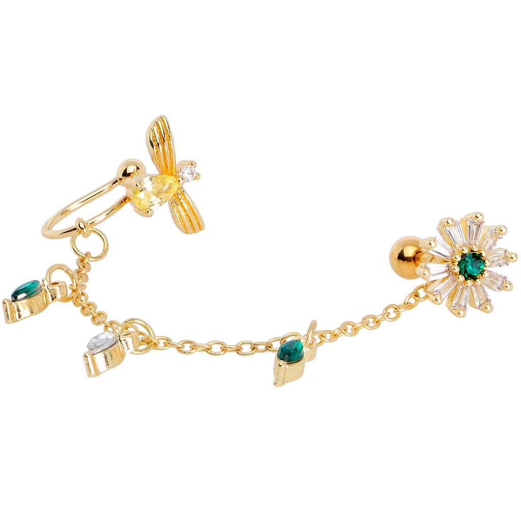 16G 1/4 Green Gem Gold Tone Angel Cuff Chain Left Cartilage