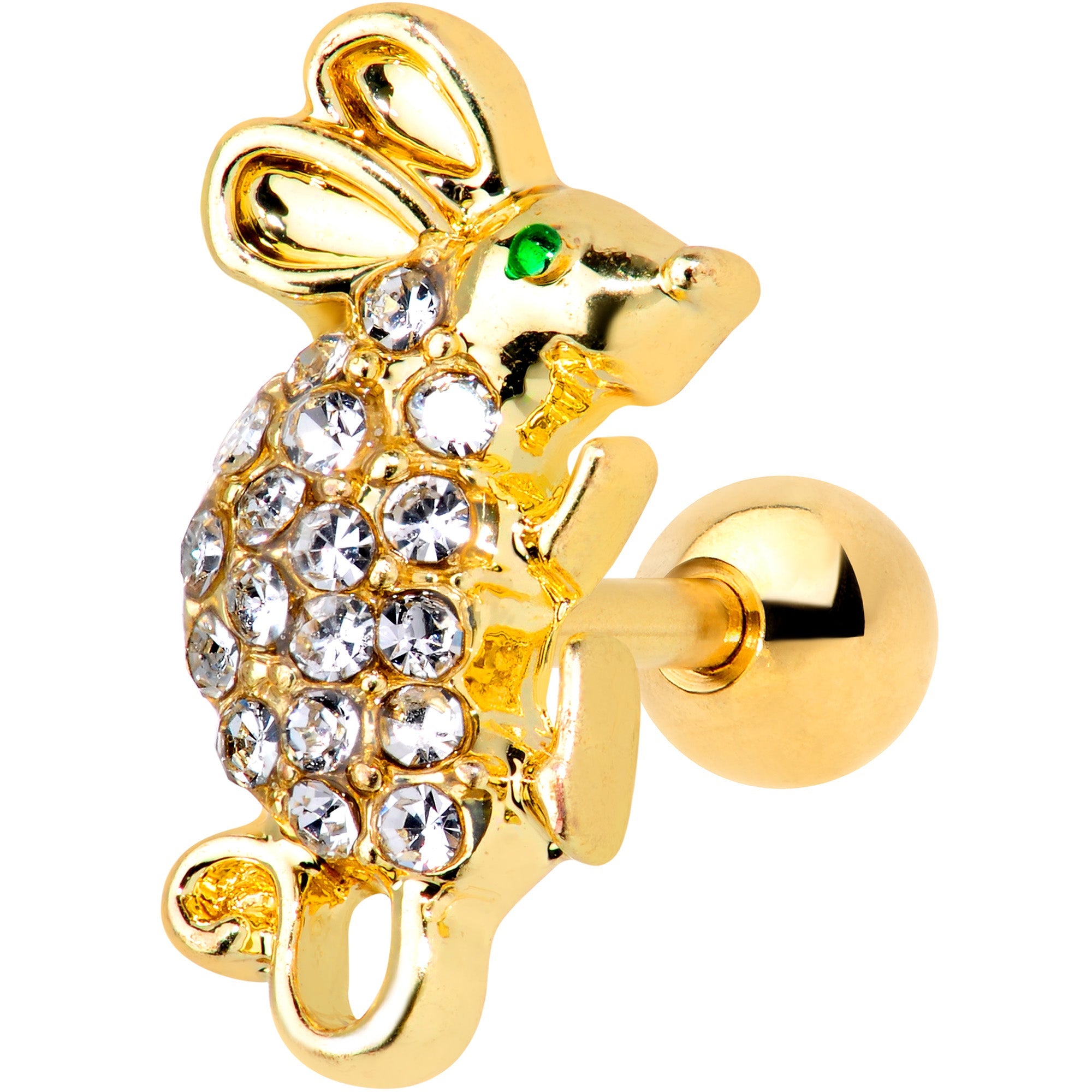 16G 1/4 Clear Gem Gold Tone Mouse Cartilage  Tragus Earring