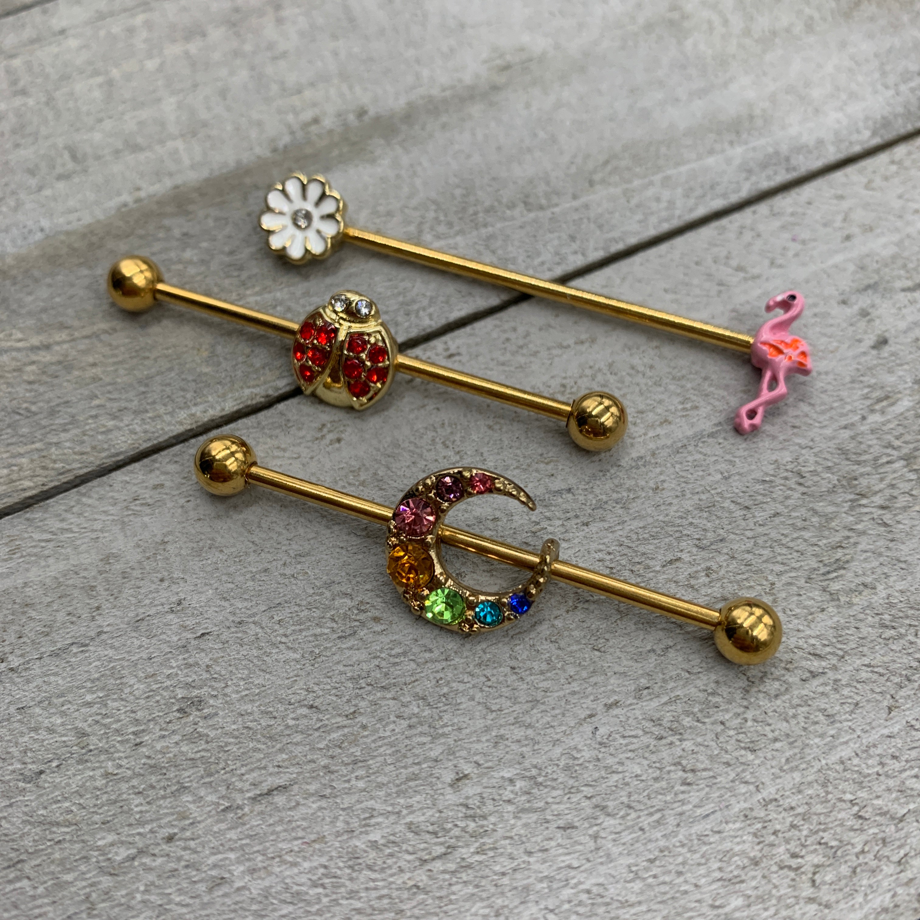 14G Red Gem Gold Tone Ladybug Industrial Barbell 38mm