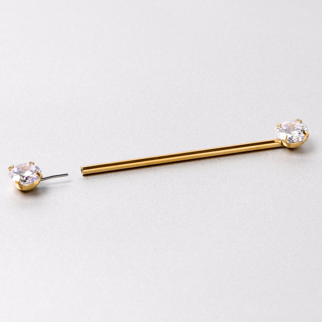 14G Clear CZ Gem Gold Tone Threadless Industrial Barbell 38mm