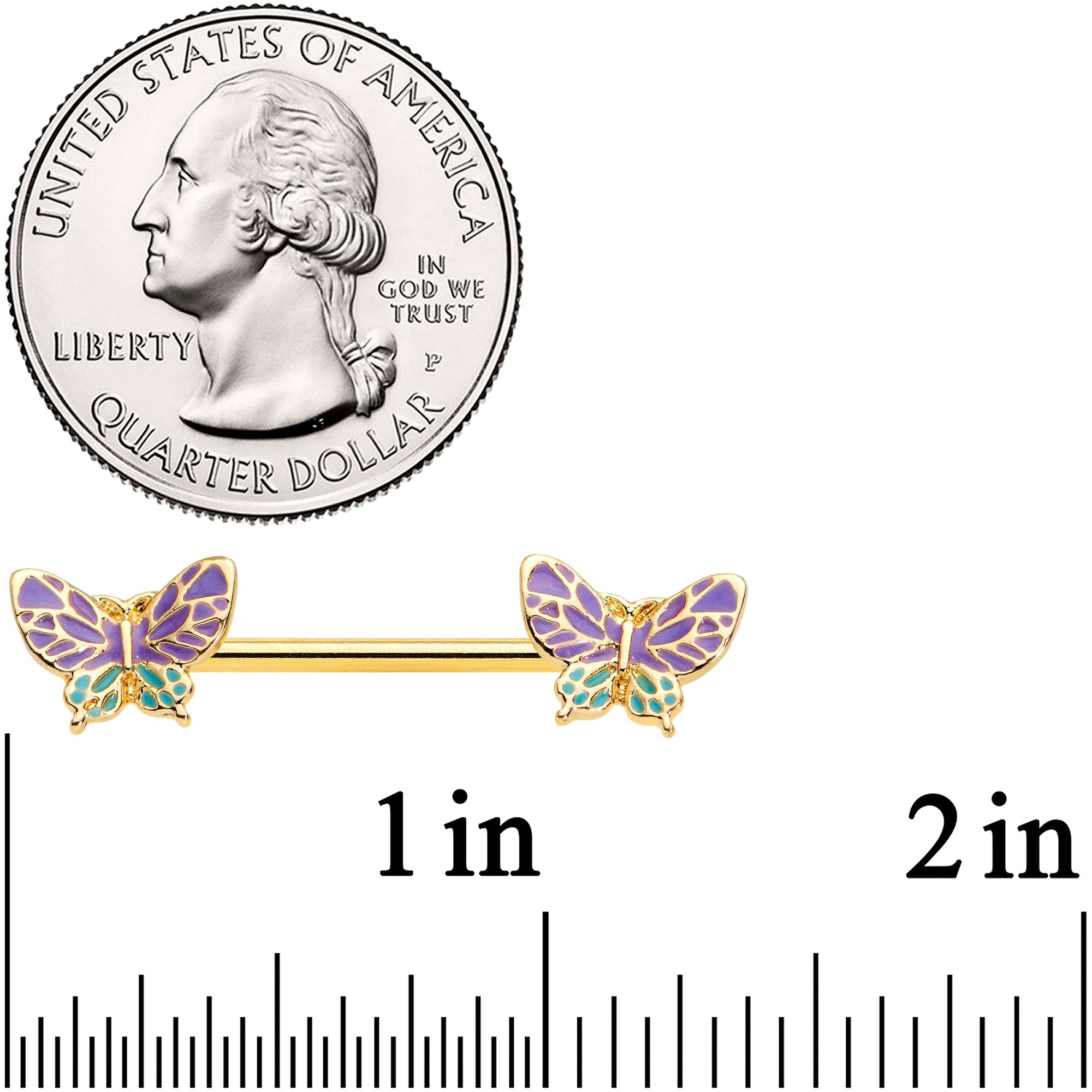 14G 9/16 Gold Tone Purple Green Butterfly Barbell Nipple Ring Set
