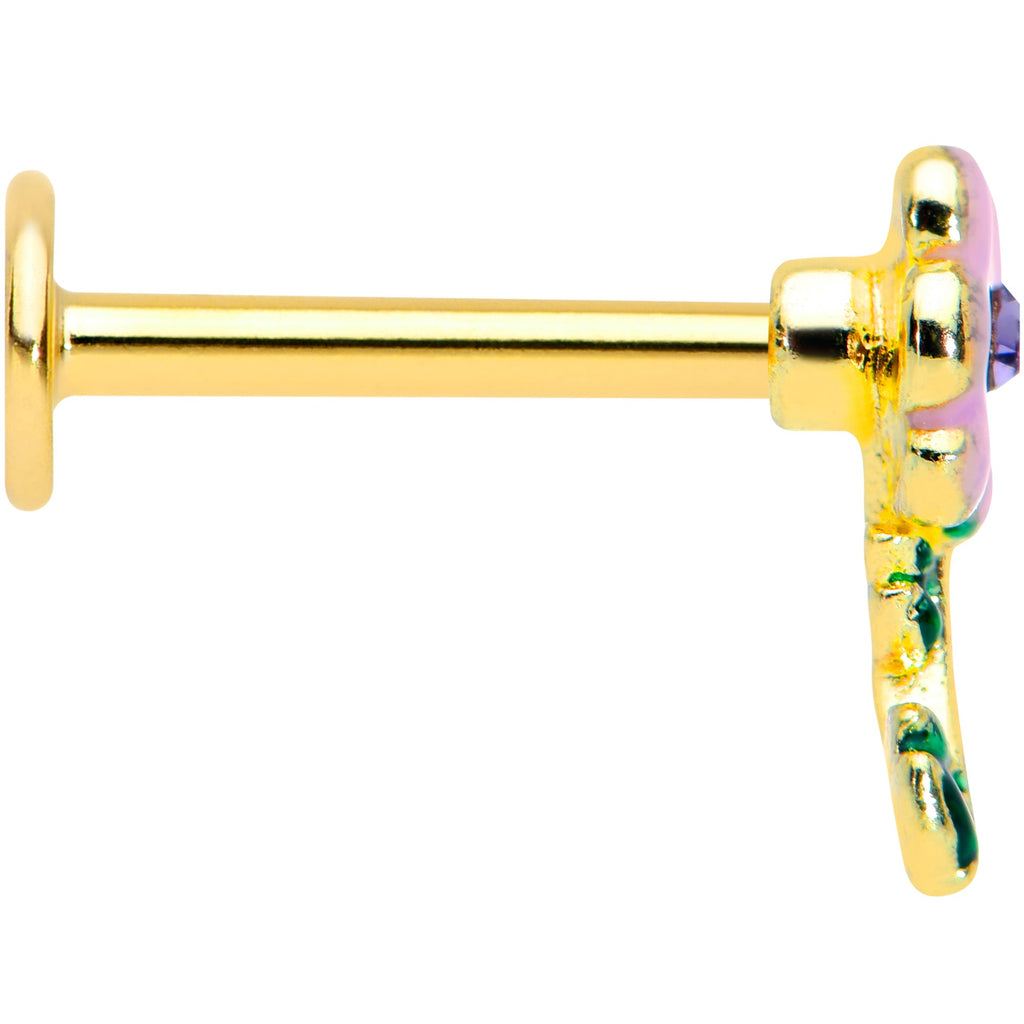 16G 5/16 Purple CZ Gem Gold Tone Pink Flower Labret Monroe Tragus