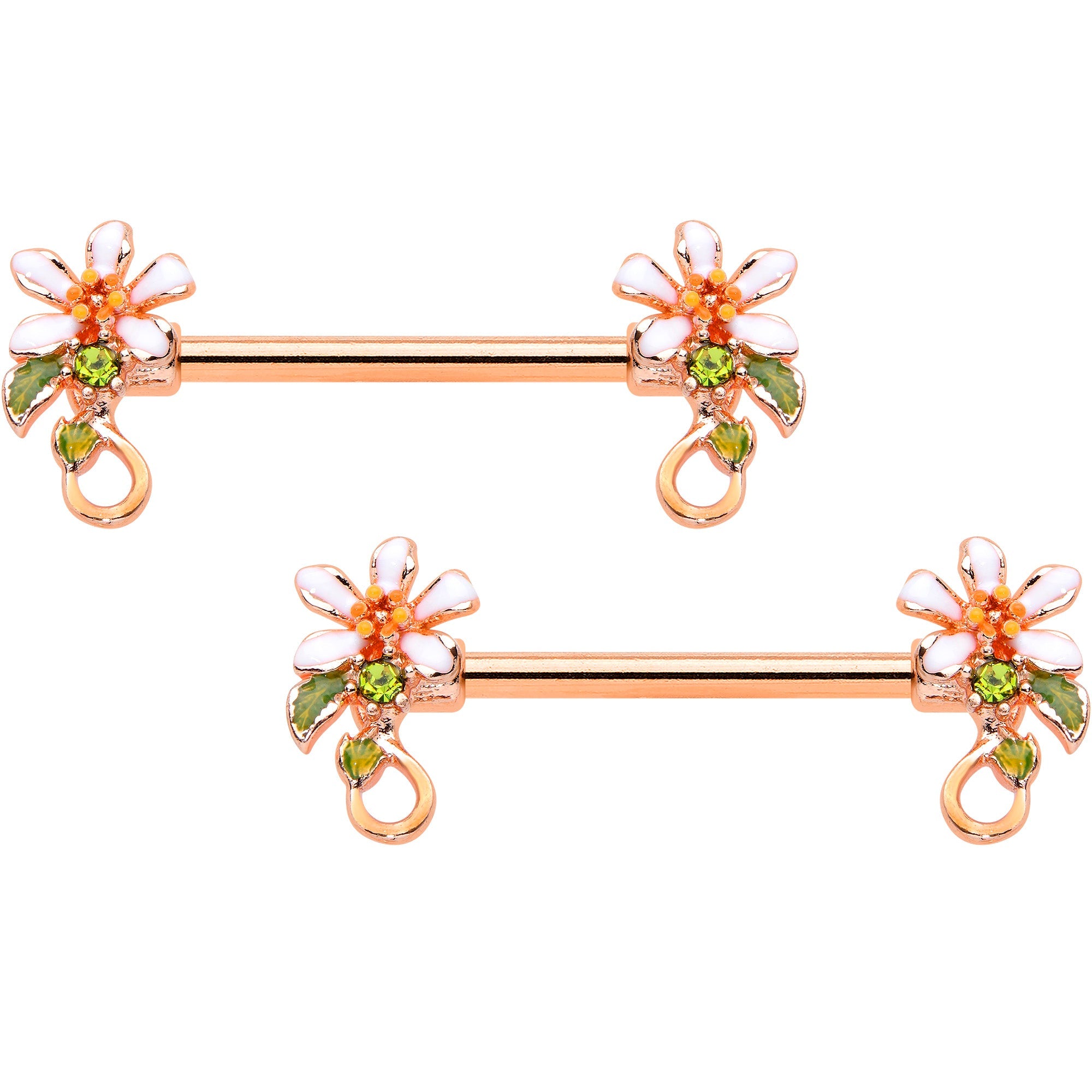 14G 9/16 Green Gem Rose Gold Tone Orange Flower Nipple Ring Set