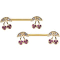 14G 9/16 Clear Purple Gem Gold Tone Very Cherry Nipple Ring Set