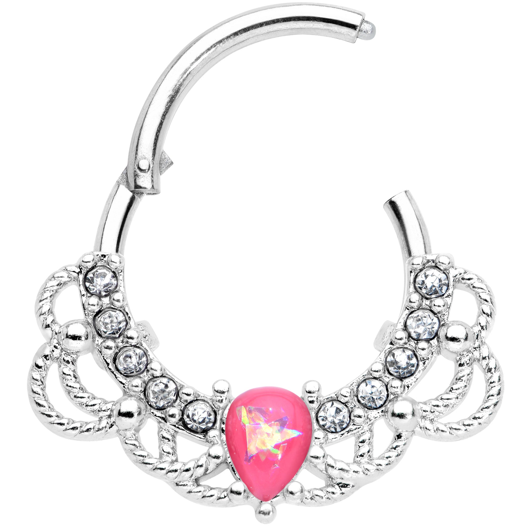 16G 3/8 Pink Faux Opal Lace Lover Hinged Segment Ring