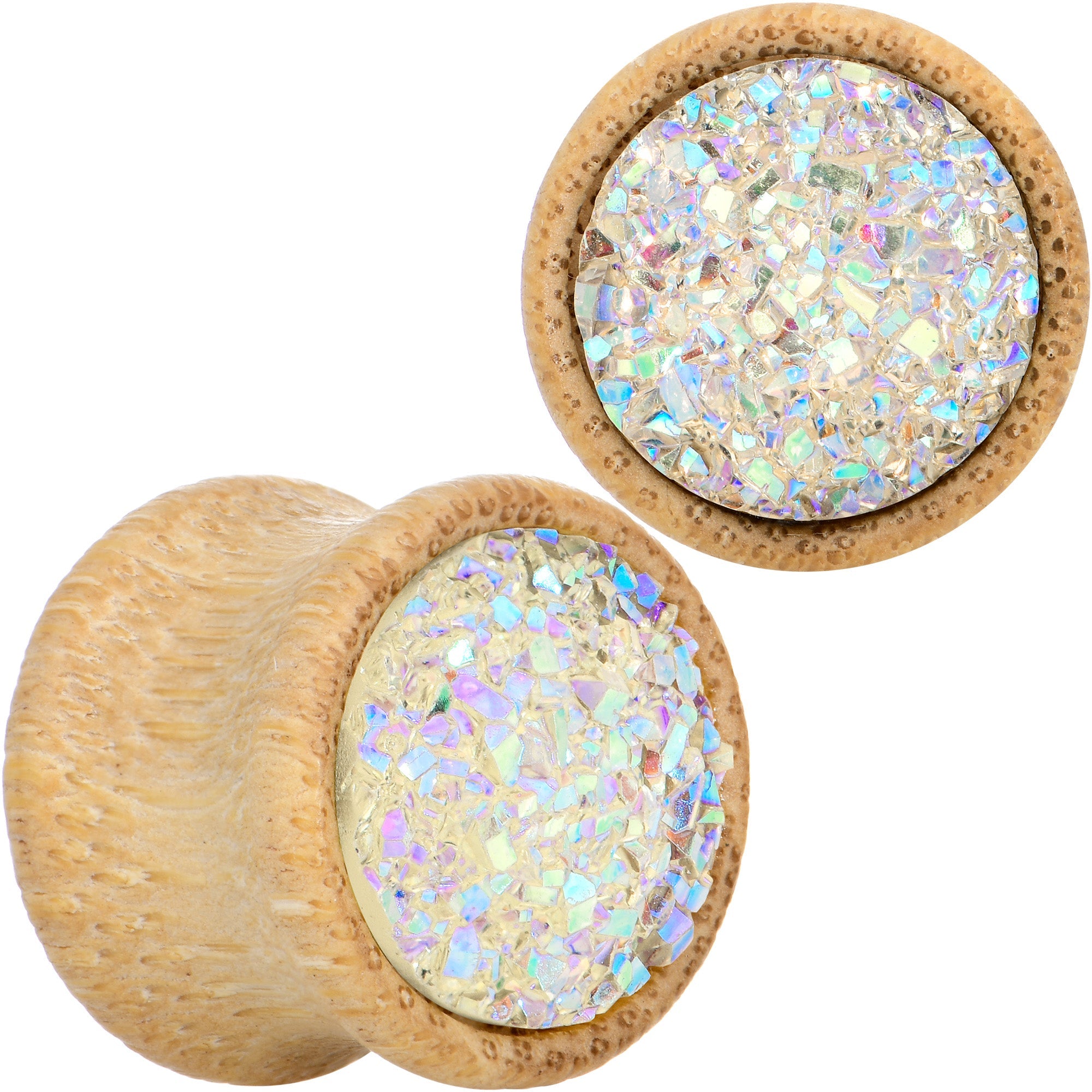 White Druzy Stone Wood Saddle Plug Set
