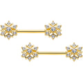 14G 9/16 Clear Gem Gold Tone Flower Snowflake Christmas Nipple Ring Set