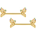 14G 9/16 Clear CZ Gem Gold Tone Heart Butterfly Nipple Ring Set