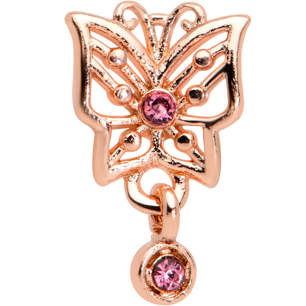 20G 1/4 Pink CZ Gem Rose Gold Hue Geo Butterfly L Shape Nose Ring