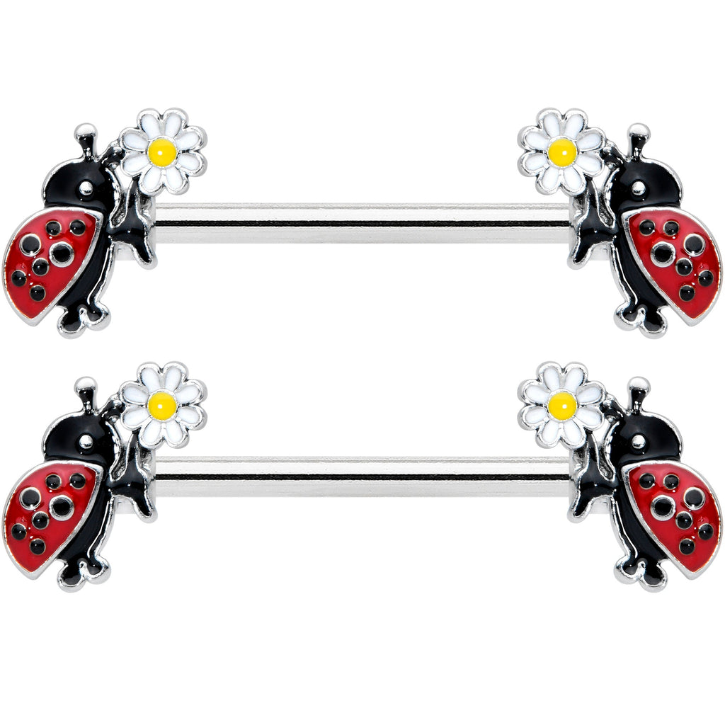14G 1/2 Ladybug Daisy Flower Barbell Nipple Ring Set