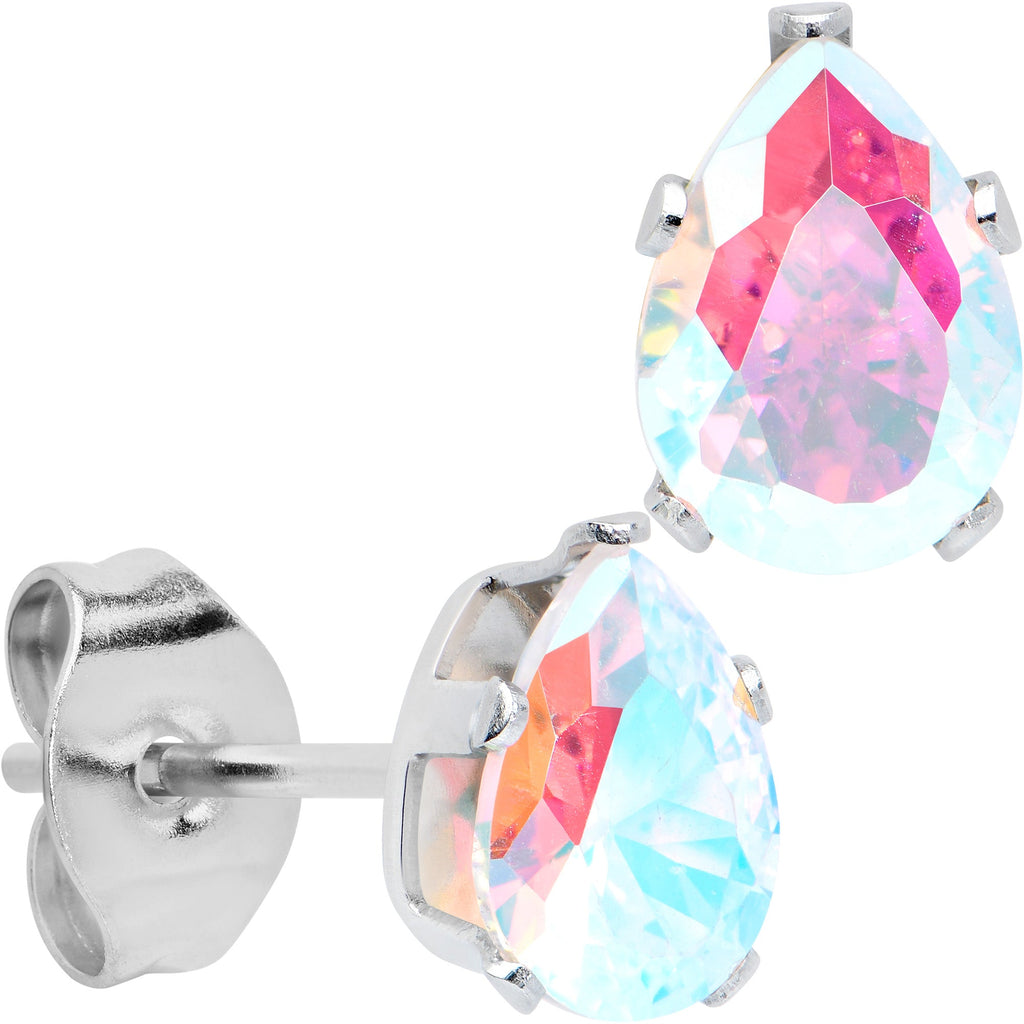 CZ Teardrop Aurora Stainless Steel Stud Earrings 3mm to 7mm