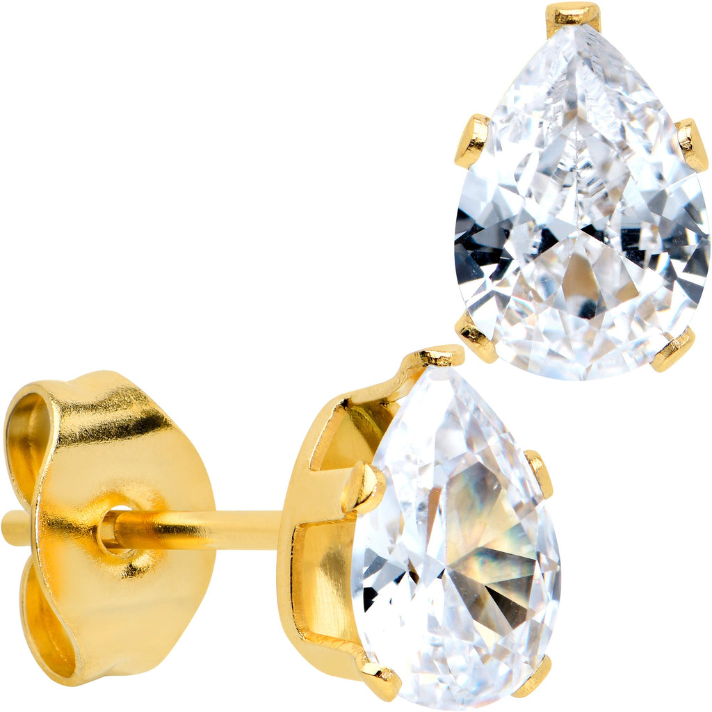 CZ Teardrop Clear Gold Tone Stainless Steel Stud Earrings 3mm to 7mm