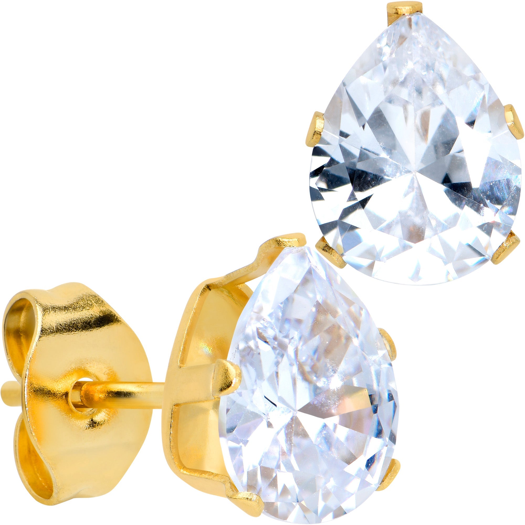 CZ Teardrop Clear Gold Tone Stainless Steel Stud Earrings 3mm to 7mm